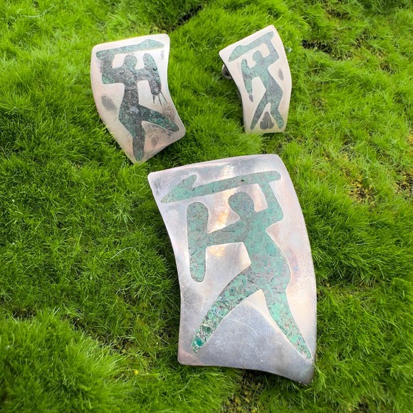 Taxco Sterling Silver Inlaid Crushed Turquoise Warrior Brooch/Pendant w Earrings - Picture 3 of 13